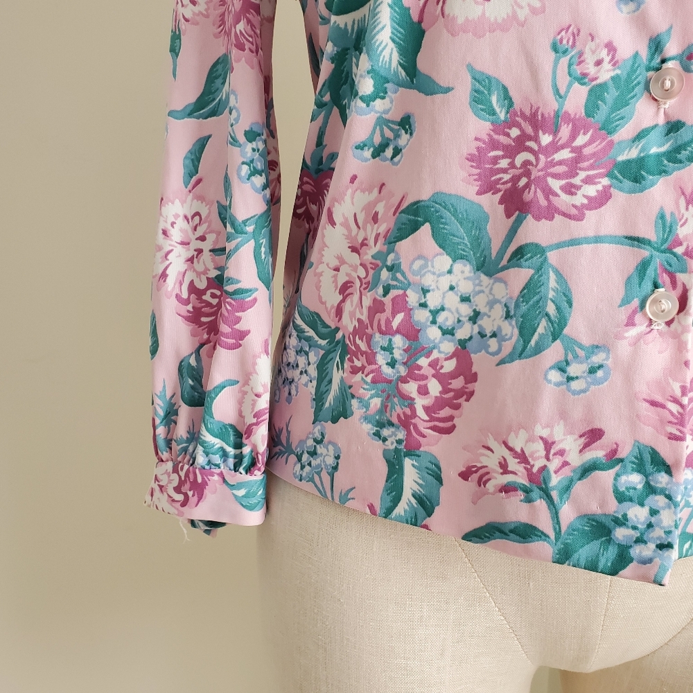 Vintage Tie-bow Floral Print Button Front Long Sleeve Blouse Pink Green - Picture 11 of 11